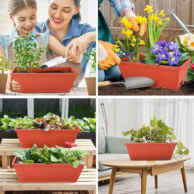 Window Box Planter, 12 Pack Plastic Vegetable Flower Planters Boxes 17 Inches Rectangular Flower Pots with Saucers for Indoor Outdoor Garden, Patio, Home Decor (Brick red) by GreenHaven Gardens