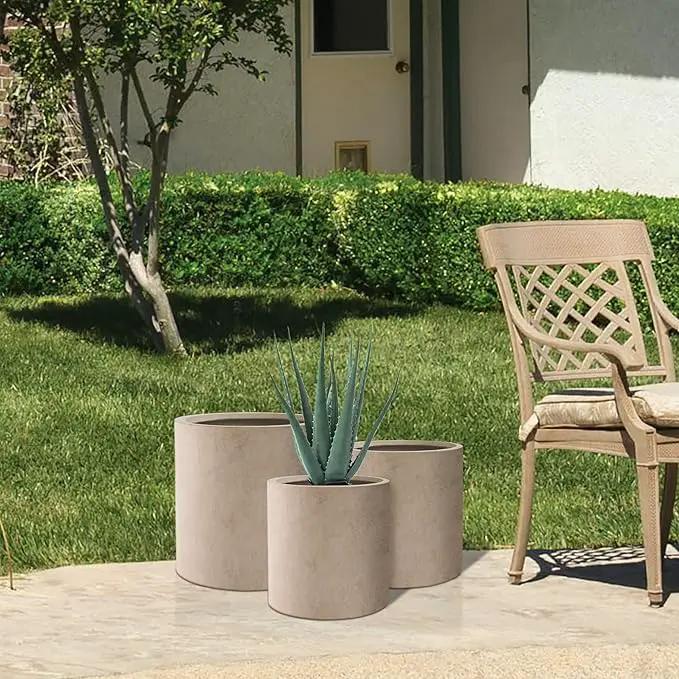 Kante 9.8",12.6",15.7" Dia Round Concrete Planter Set of 3, Modern Style Large Cylindrical Plant Pot with Drainage Hole and Rubber Plug for Indoor Outdoor Patio, Weathered Concrete by GreenHaven Gardens