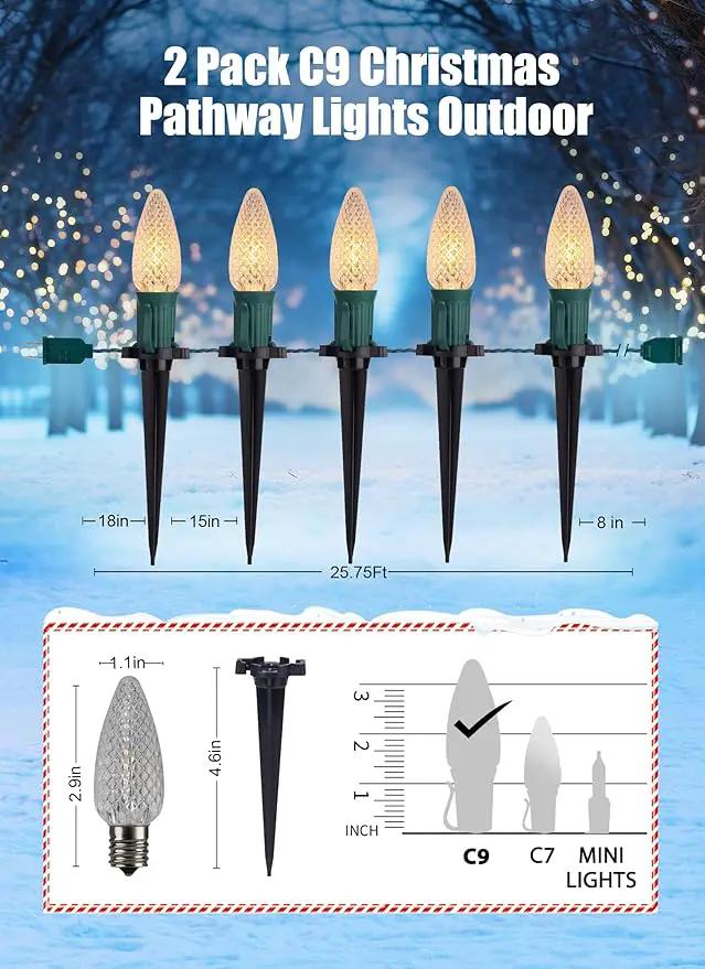 C9 Christmas Pathway Lights Outdoor, 25.7 Feet 20 LED C9 Strawberry Walkway Lights with Marker Stakes, Connectable Shatterproof C9 String Lights for Lane Outside Yard Decorations, Warm White, 2 Pack by GreenHaven Gardens