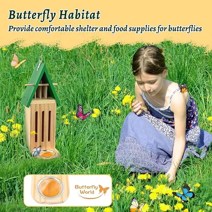 Butterfly House and Feeder for Outside, Wooden Butterfly House for Garden, Natural Butterfly Habitat with Butterfly Puddler on The Floor or Hanging on Tree Wall by GreenHaven Gardens
