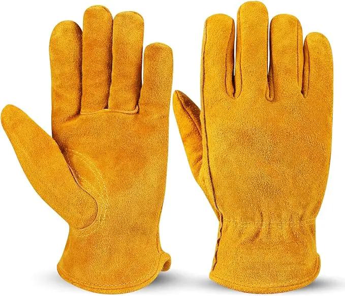 OZERO Leather Work Gloves Flex Grip Tough Cowhide Gardening Glove for Men and Women (Medium, Gold With Mesh Linning) by GreenHaven Gardens