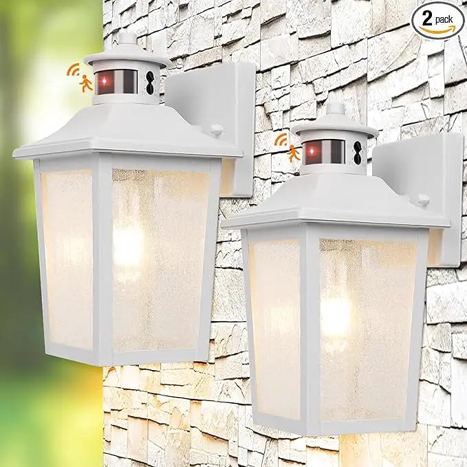 White Motion Sensor Outdoor Wall Light 2 Packs, Dusk to Dawn Outdoor Wall Lighting, Waterproof Exterior Light Fixture, Modern Porch Light Outside Wall Mount for House Patio Garage, Anti-Rust by GreenHaven Gardens