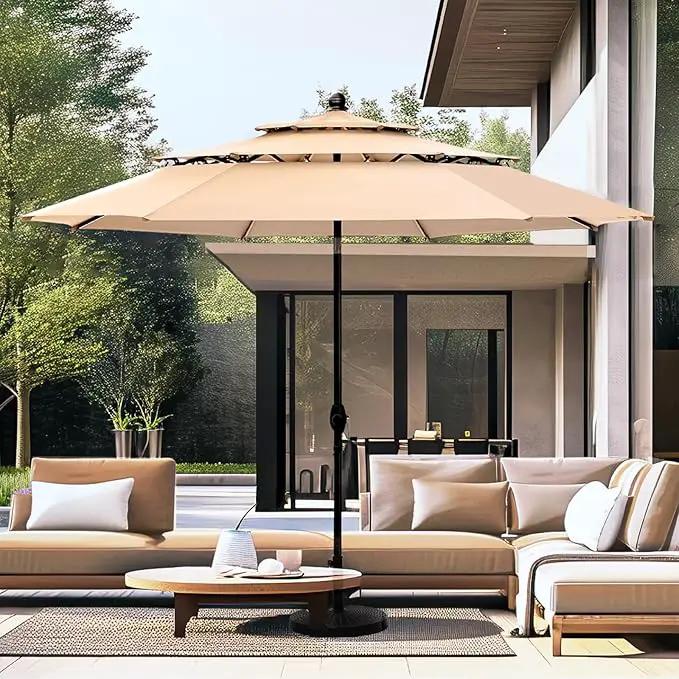 PHI VILLA 10ft Patio Umbrellas, Outdoor 3 Tier Vented Large Market Table Umbrella with 8 Sturdy Ribs and 1.5" Umbrellla Pole for Lawn Poolside Garden Terrace, Beige(No Base) by GreenHaven Gardens