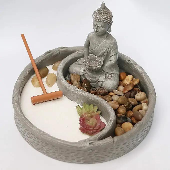 Nature's Mark Mini Zen Garden Kit for Desk with Lotus, Buddha Figures, Rake and Natural Sand River Rocks Table/Desk Décor Gift Set for Home and Office 6 x 6 Inches Round Base by GreenHaven Gardens