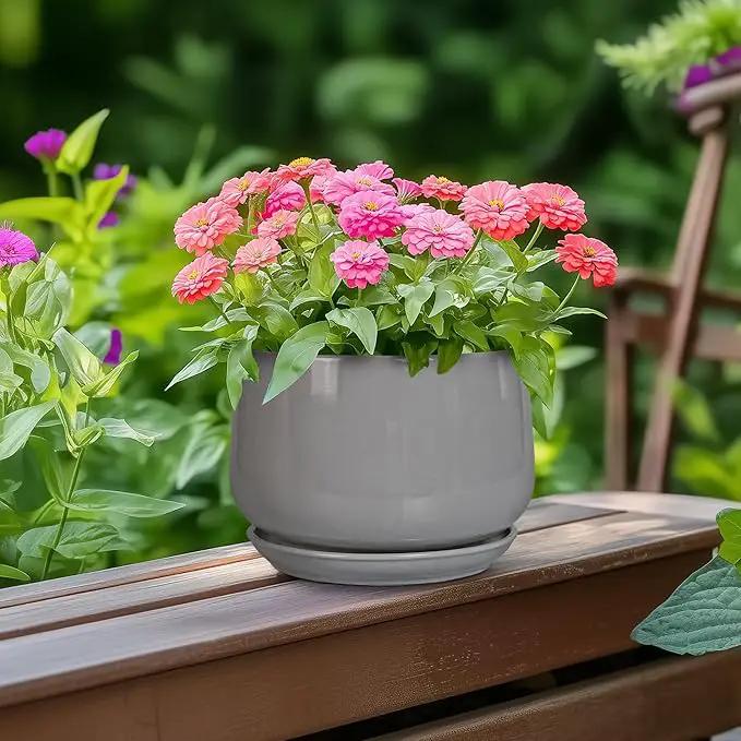 G EPGardening Ceramic Pot for Plants - Modern 6 Inch Round Planter Indoor with Drainage and Tray for Indoor Outdoor Flower, Patio Decor, Teacher Gifts, Grey by GreenHaven Gardens