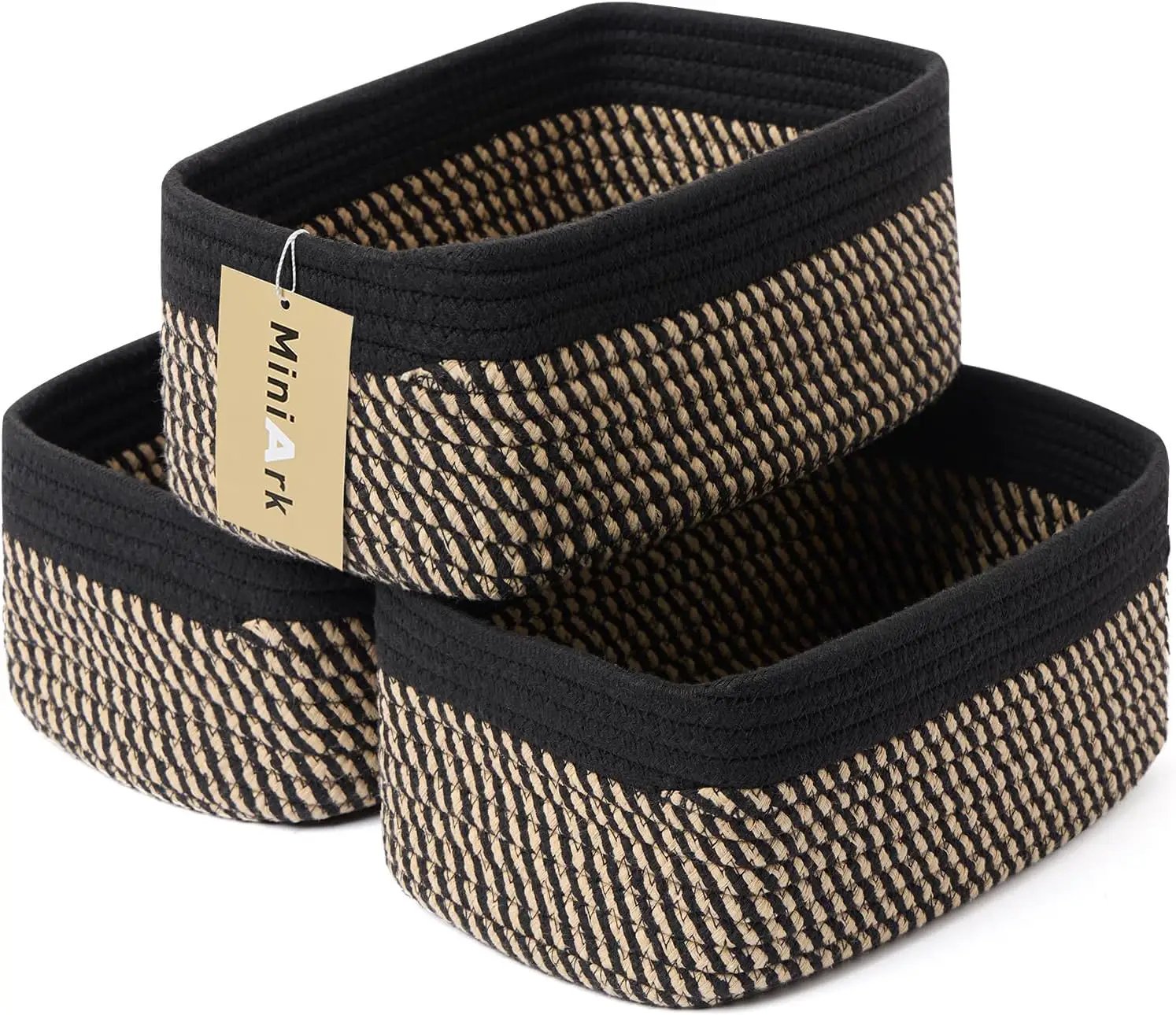 Small Storage Baskets for Organizing | Closet Organizer Bins | Shelf Toy Basket | Woven Rope Baskets | Cube Decorative Box | Shallow Basket | 11.5x7.5x4.7” | 3 Packs Black Brown by GreenHaven Gardens