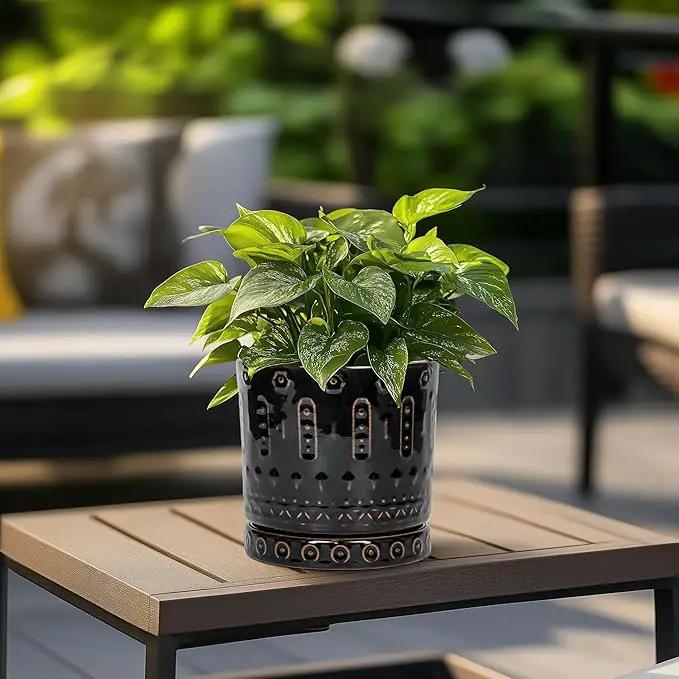 Ceramic Plant Pots - 6 Inch Ceramic Planter for Indoor Outdoor, Round Flower Pots with Drainage Hole and Plant Saucer, Boho Decorative Small Planter, House Decor, Gifts for Gardeners, Black by GreenHaven Gardens