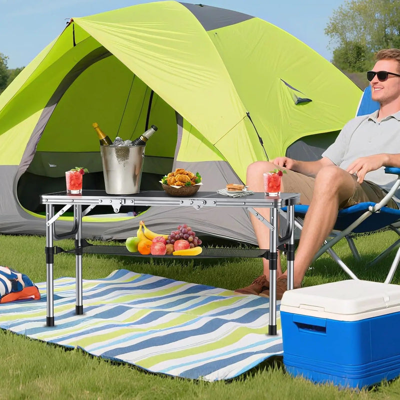 Folding Camping Table with Storage Net, 3ft Camping Table Aluminum Folding Table with 3 Adjustable Height Max 27.1 Inch Picnic Table Portable Table for Outdoor Backyard BBQ, Black by GreenHaven Gardens