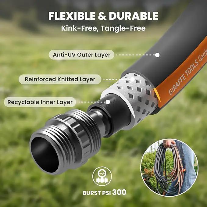 Giraffe Tools Garden Hose 50FT, 5/8" Lightweight Lay Flat Water Hose, Custom Length, Flexible, Leakproof Hybrid Hose Pipe with Male to Female Fitting by GreenHaven Gardens