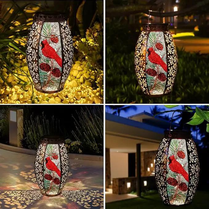 Solar Lanterns Outdoor Hanging Light - Cardinal Solar Powered LED Glass Lights Decorative Waterproof Tabletop Lamp with Hollowed-Out Design for Yard Table Patio Garden Pathway Holiday by GreenHaven Gardens