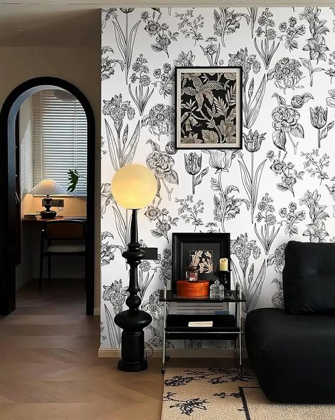 Dimoon 393"x17.3" Floral Peel and Stick Wallpaper White Contact Paper Waterproof Black Lines Wallpaper Vintage Flower Thicken Plant Self Adhesive Removable Wall Covering Shelf Liner Decal Vinyl Roll by GreenHaven Gardens