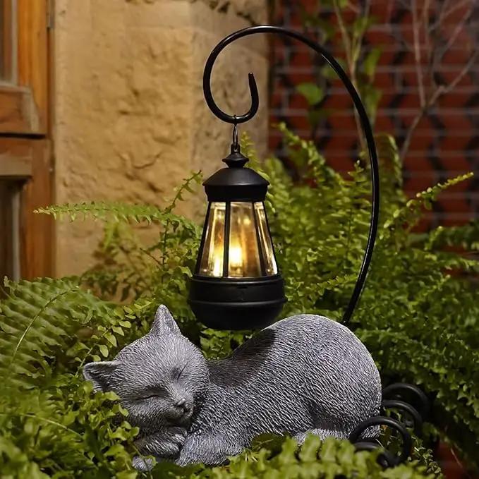 Solar Cat Garden Statue with Lantern, 13 Inch Tall Figurine for Outdoor Decor, Yard, Patio, Lawn and Porch, Solar-Powered Lights Sculpture by GreenHaven Gardens