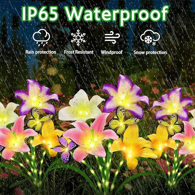 Solar Garden Lights 4 Pack 16 Lily Flowers with Butterfly Decor, Waterproof Solar Flower Lights for Outdoor - Upgraded Decorative Lilies for Yard, Patio, Pathway Decorations & Gardening Gifts by GreenHaven Gardens