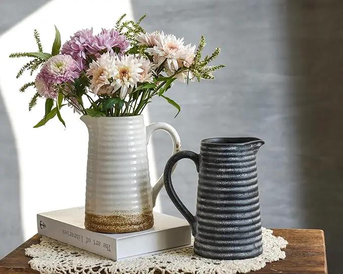Quoowiit Ceramic Rustic Vase with Handle, White Distressed Decorative Farmhouse Pitcher Vase for Home Decor Living Room Bedroom Kitchen Office Shelf Decor Centerpiece Table Decoration by GreenHaven Gardens