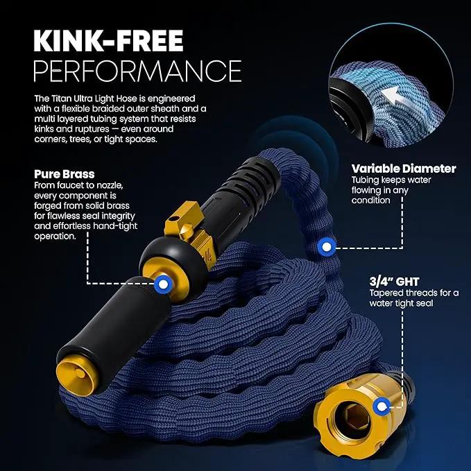TITAN Flexible Garden Hose 30FT – Ultra Lightweight, Heavy Duty Water Hose with Brass Fittings & Jet Nozzle – Kink-Free, Non-Expanding, Durable Fabric Hose for Yard, Lawn, Car Wash, Outdoor Use by GreenHaven Gardens