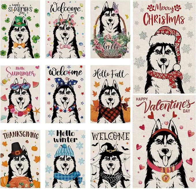 Seasonal Garden Flags Husky Double Sided Flags Set of 11 Holiday Farmhouse Indoor Outdoor Yard Lawn Christmas Gifts Decorations 12.5x18 Inch by GreenHaven Gardens
