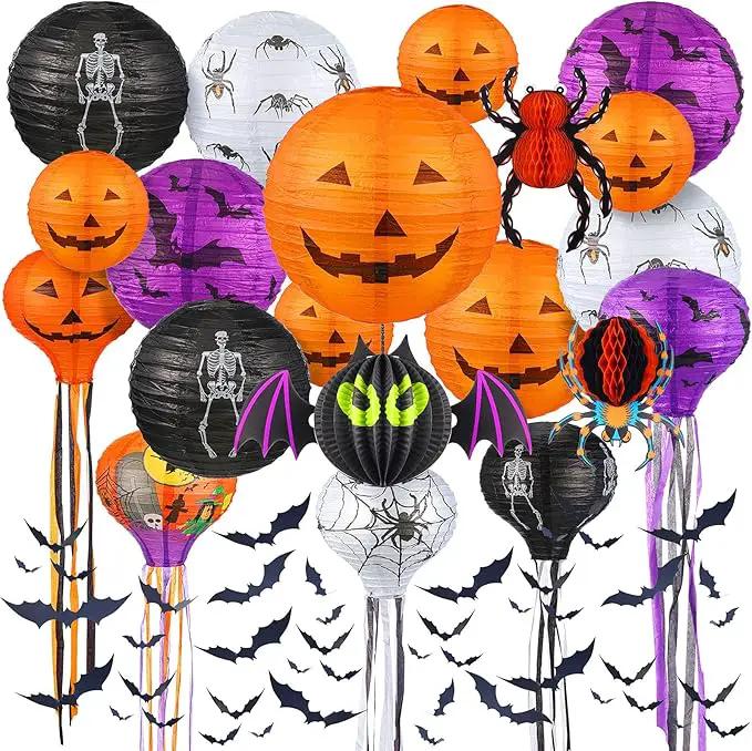 48 Pieces Halloween Decorations Paper Lanterns Pumpkin Skeleton Paper Lanterns 3D Bat Wall Stickers Spider Wall Hanging for Halloween Party Garden Bedroom Cobwebs Indoor Outdoor, 12 Inch and 8 Inch by GreenHaven Gardens