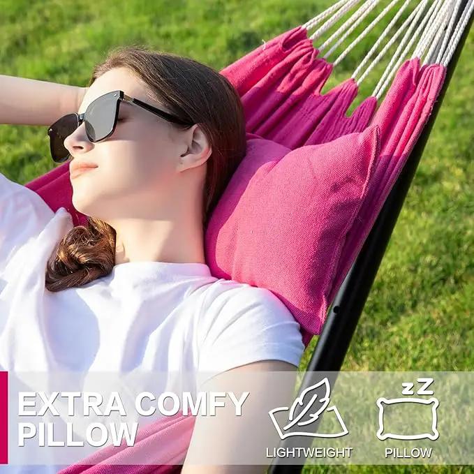 PNAEUT Double Hammocks with Stand for Outside, Portable Space Saving Heavy-Duty Steel Stand for Indoor Outdoor Patio with Carrying Bag, 450 lbs Capacity (Rose Pink) by GreenHaven Gardens
