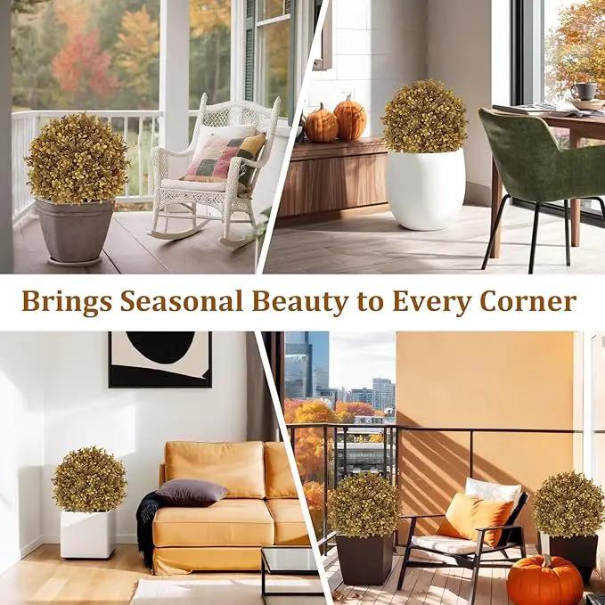 24" Tall Artificial Boxwood Ball Fall Topiary Trees Set of 2, UV Resistant Large Faux Plants Outdoor, 2ft Fake Bushes and Shrubs Look Real with Stake for Front Porch Outside Planter Backyard Decor by GreenHaven Gardens