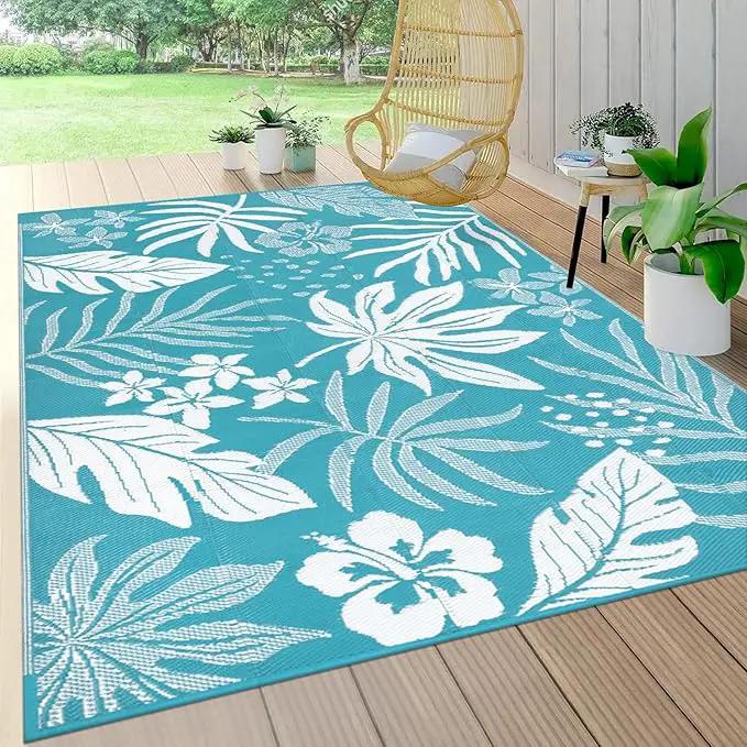 Pauwer Waterproof Outdoor Rug 5x8, Reversible Plastic Straw Patio Camping Rug, Indoor Outdoor RV Mat Carpet for Deck, Camper, Porch, Balcony, Backyard, Picnic, Floral Teal by GreenHaven Gardens
