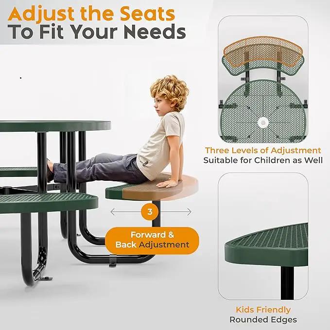 Metal Picnic Tables for Outdoors with Umbrella Hole - Coated Steel Heavy Duty Commercial Grade Table with Adjustable Seats (Green, 38 in, Round, Expanded Steel) by GreenHaven Gardens