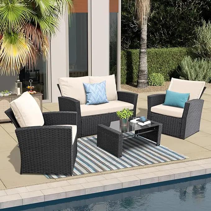 4 Piece Outdoor Patio Furniture Set,Wicker Conversation Sets Outdoor Sectional Patio Sofa Couch with Cushions & Coffee Table for Outside, Garden, Balcony, Porch,Black/Beige by GreenHaven Gardens
