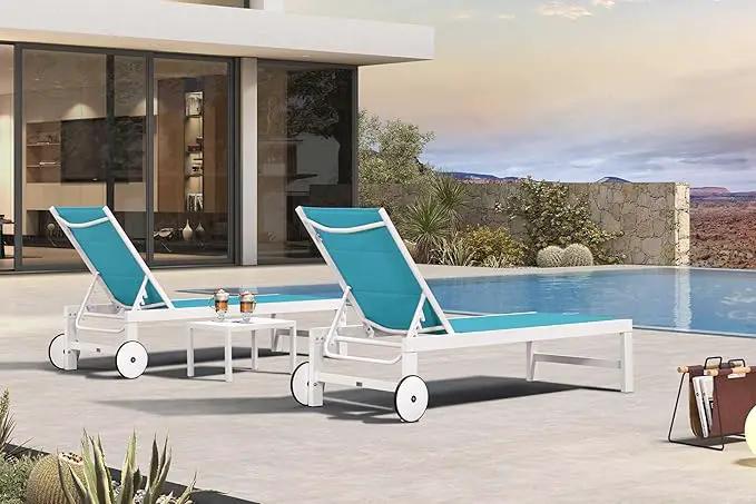 PURPLE LEAF Outdoor Chaise Lounge Set Staight Legs Adjustable Sunbathing Recliner with Side Table for Poolside Beach Outside Patio Aluminum Chaise Lounger Blue by GreenHaven Gardens