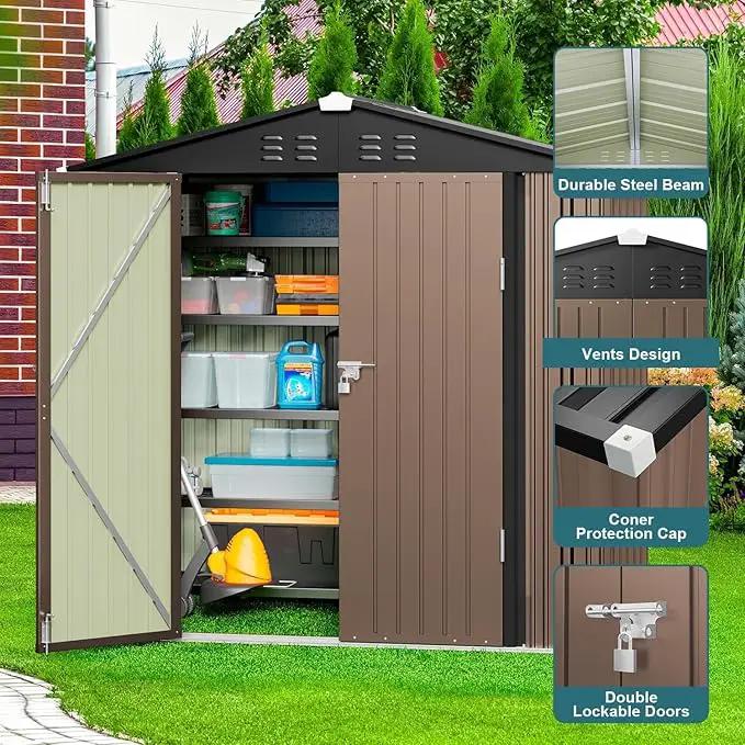 Gizoon Outdoor Storage Shed 6 x 4 FT, Galvanized Metal Garden Shed with Double Lockable Doors, Outdoor Storage Clearance for Backyard Patio Lawn-Light Brown by GreenHaven Gardens
