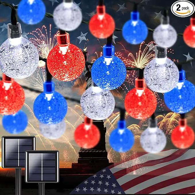 LORRYTE 2-Pack Red White and Blue Crystal Globe Solar String Lights Outdoor, 64FT 100 LED Waterproof Patriotic Lights 8 Lighting Modes for Memory Day Independence Day 4th of July Christmas by GreenHaven Gardens