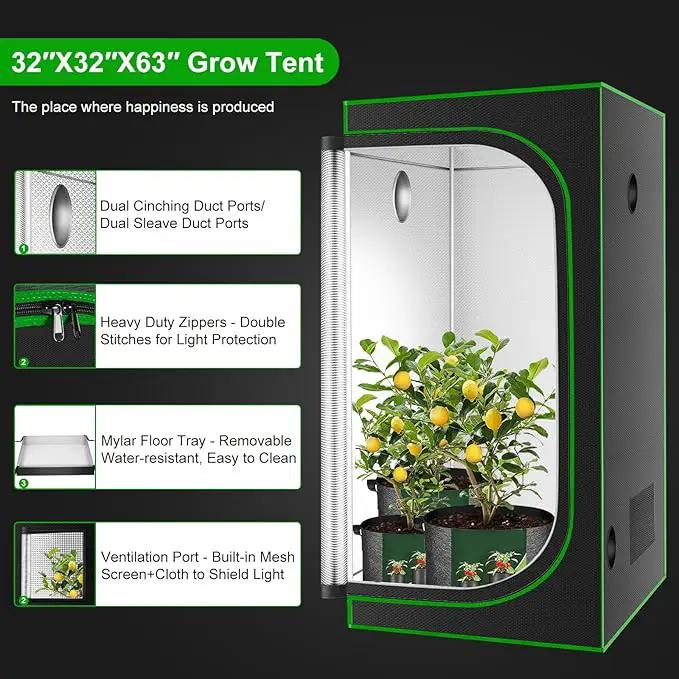 MELONFARM 32"x32"x63'' Grow Tent, High Reflective 600D Diamond Mylar Canvas with Observation Window and Floor Tray for Hydroponic Indoor Plant Growing by GreenHaven Gardens