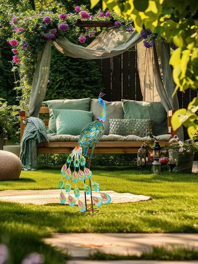 YEAHOME Garden Decor Outdoor Statues, 34" Large Metal Peacock Standing Yard Art, Blue Green Bird Lawn Sculptures Garden Decor for Outside Patio Porch Backyard by GreenHaven Gardens
