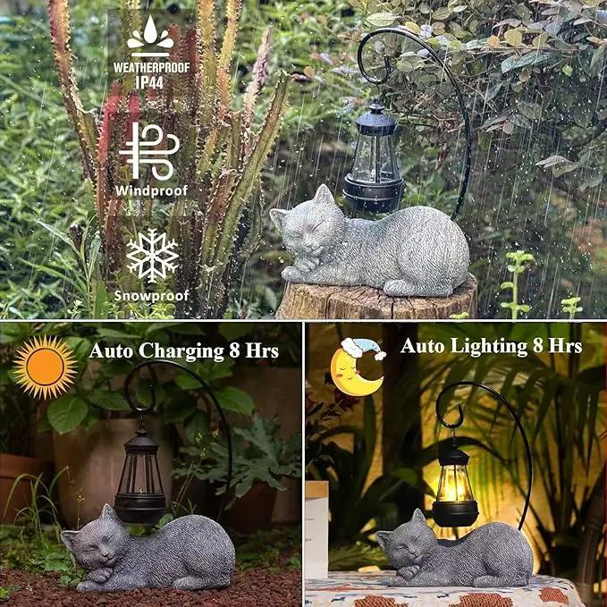 Solar Cat Garden Statue with Lantern, 13 Inch Tall Figurine for Outdoor Decor, Yard, Patio, Lawn and Porch, Solar-Powered Lights Sculpture by GreenHaven Gardens