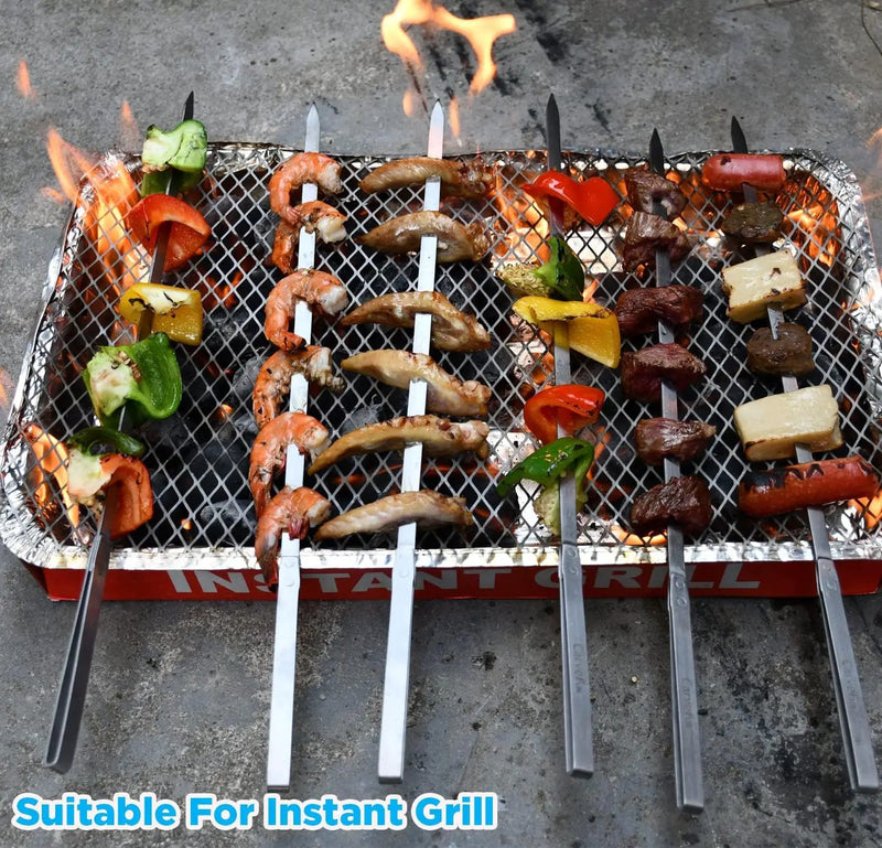 Innovative Thermal Insulation Handle BBQ Skewers Set - 6 Stainless Steel Wide BBQ Kebob Sticks For Grill - Flat Metal With 1 Food Remover Bar - 16.7' Inch Metal Kabob Skewers by GreenHaven Gardens