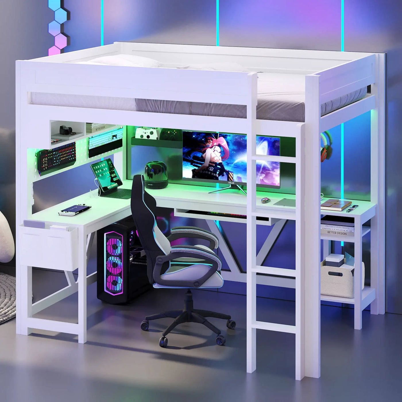 Gaming Loft Bed With Desk, Storage Shelves, LED And Charging Station by Unique Piece Furniture