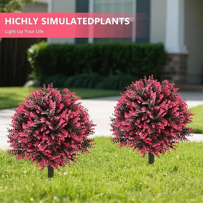 28" Set of 2 Artificial Boxwood Topiary Ball Bush for Outdoor with Ground Spike, UV Resistant Faux Greenery Shrubs, Fake Rose&Green Boxwood Plants for Garden, Yard, Porch, Patio Decor by GreenHaven Gardens