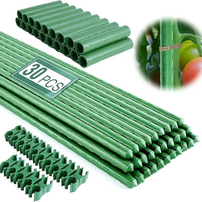 Garden Stakes 16 Inch 30 Pack, Diy 4ft 5ft 6ft 7ft 8ft Tomato Stakes Plastic Coated Metal Plant Sticks Stakes Supports with 20 Connectors 15 Rotatable Clips for Indoor Outdoor Plants Vegetable by GreenHaven Gardens