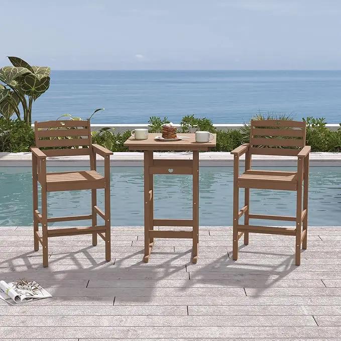 3-Piece Bar Height Patio Table and Chairs Set, HDPE Wood Grain Outdoor Bar Table and Chairs with Heart Cutout Design, Weather-Resistant Bar Height Furniture for Deck, Porch, Pool (Teak) by GreenHaven Gardens