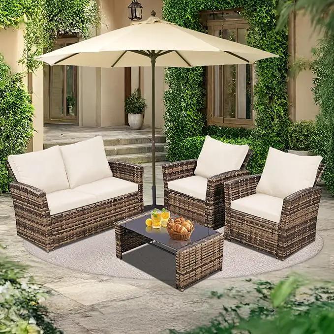 4 Piece Outdoor Patio Furniture Set,Wicker Conversation Sets Outdoor Sectional Patio Sofa Couch with Cushions & Coffee Table for Outside, Garden, Balcony, Porch,Yellow/Beige by GreenHaven Gardens