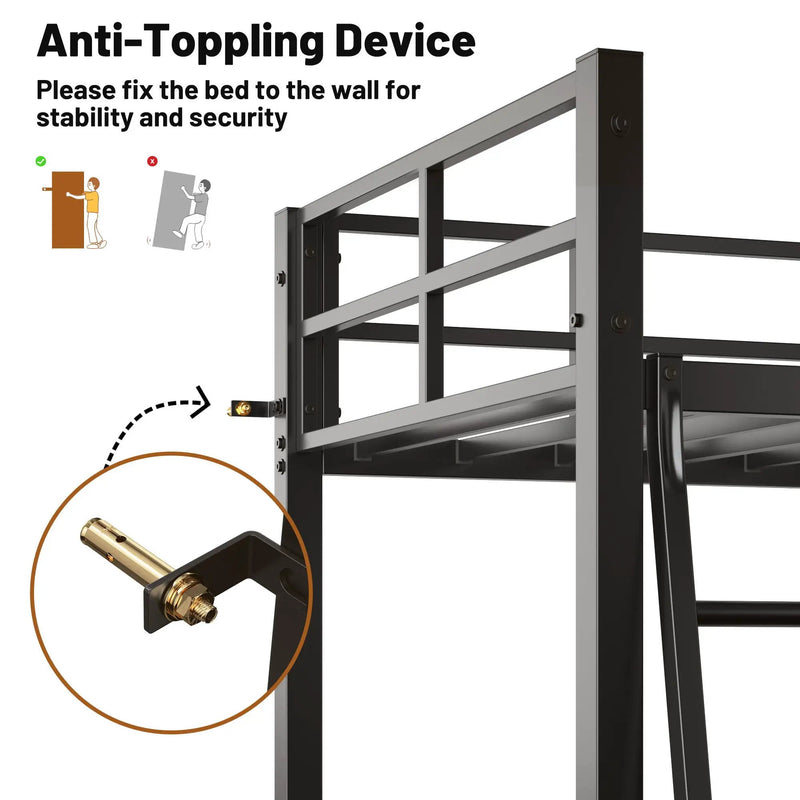 Twin Metal Loft Bed With L - Shaped Desk, Charging Station Loft Bed Frame Twin Size, Safety Guard & Ladder, No Box Spring Needed - Black by Unique Piece Furniture