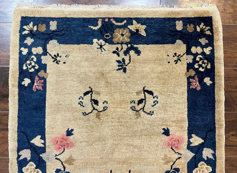 Antique Chinese Peking Rug 3x6, Beige and Dark Blue Hand Knotted Handmade Asian Oriental Carpet, Floral Vases, Vintage Wool Art Deco Rug by Jewel Rugs