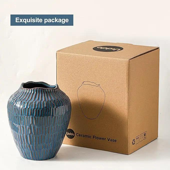 Blue Ceramic Vase for Home Decor,7.8 Inch Flower Vases，Decorative Vase for Pampas Grass，Modern Art Texture Vases for Home Entryway Living Room Dining Table Farmhouse Office Decor- Blue by GreenHaven Gardens