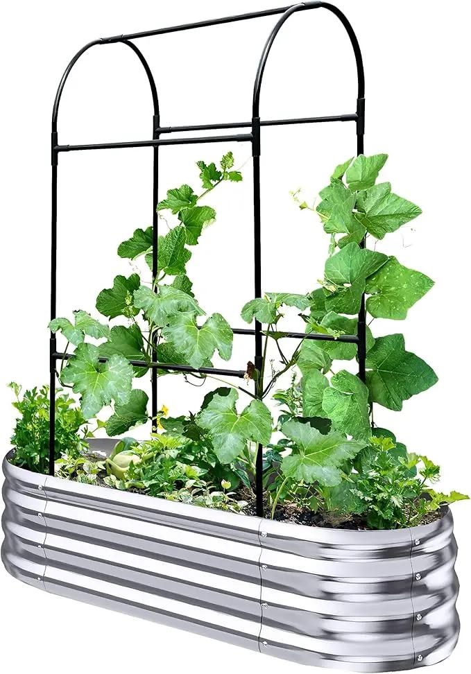KING BIRD Raised Garden Bed with Arched Trellis Galvanized Planter Garden Box Outdoor for Gardening, Climbing Vegetables, Flowers 3.94x1.97x0.98 Ft, Silver by GreenHaven Gardens