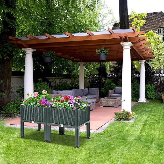 MAYOLIAH Raised Garden Bed with Drainage Elevated Planter Box Plastic Raised Beds for Gardening Vegetables Herb Flowers, Perfect for Indoor Outdoor Planting, 2 Boxes Grey by GreenHaven Gardens
