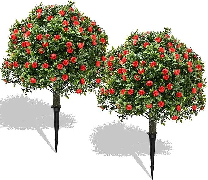 28" Artificial Boxwood Topiary Tree with Rose, Set of 2 Artificial Shrub Bushes with Ground Spike, Fake Evergreen Tree for Porch, Artificial Plants for Outdoor Planters Indoor UV Resistant by GreenHaven Gardens
