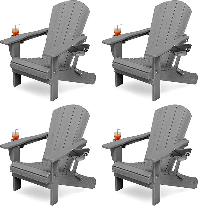 KINGYES Folding Adirondack Chair Set of 4, Dual Cup Holders & All-Weather HDPE, Wood-Like Patio Chair for Backyard, Camping, Pool & Fire Pit, Grey by GreenHaven Gardens