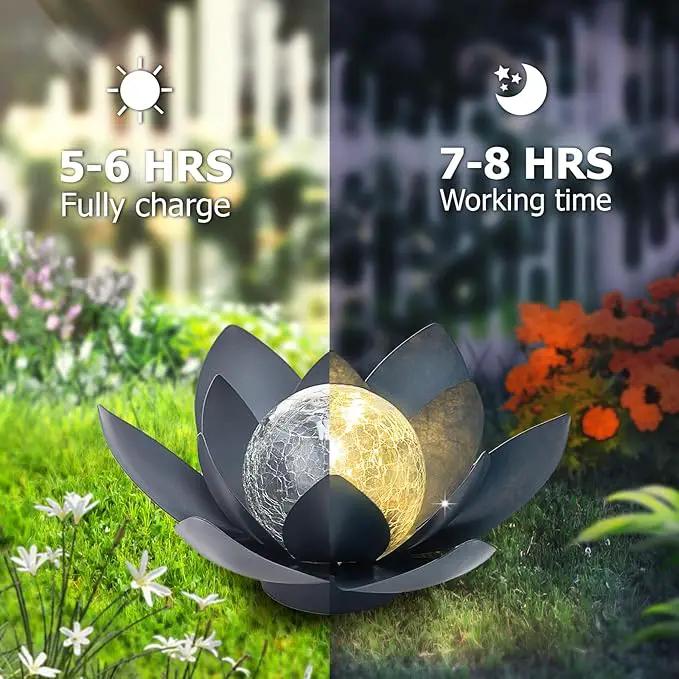 Huaxu Solar Lights Outdoor Garden Decor Crackle Glass Globe Lotus Flower Gray Metal Waterproof Light for Patio, Lawn, Walkway, Tabletop, Ground,Christmas Gifts for Mom,Women by GreenHaven Gardens