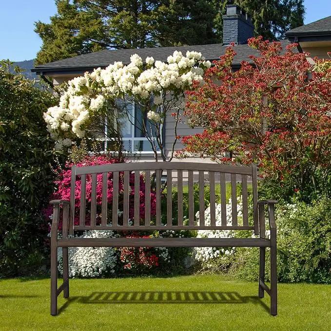 Grand patio 52" Farmhouse Outdoor Bench, Garden Benches with Rust Free Metal Powder Coated Frame and Aluminum Backrest, Faux Wood Grain Finish Frame Patio Bench for Front Porch, Northwoods Brown by GreenHaven Gardens