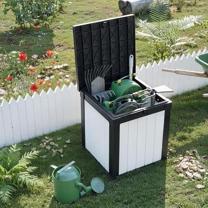 50 Gallon Outdoor Deck Box,Storage Lockable Waterproof Patio Furniture,Garden Tools,Cushions,Pool Accessories Outside Storage Resin Box(SM Black&White) by GreenHaven Gardens