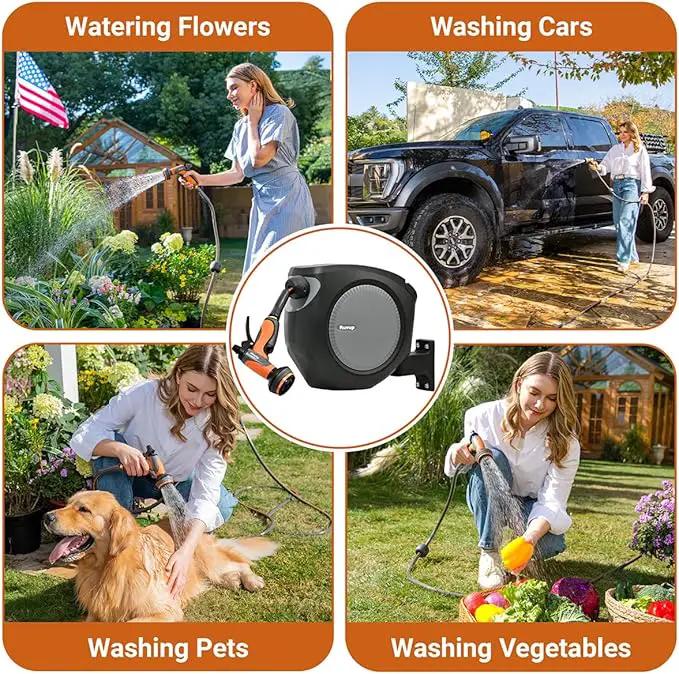 Ruvup Retractable Garden Hose Reel, 1/2in x 50ft Water Hose Reel with 10 Style Nozzle, UV Resistant Automatic Gardening Hose Reel Wall Mount for Outside, Slow Retraction Any Length Lock 180° Swivel by GreenHaven Gardens