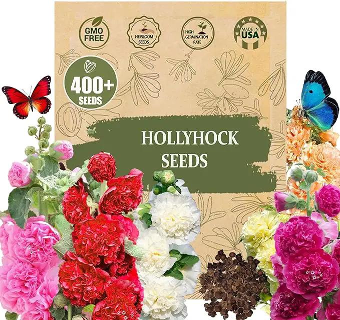 Premium Rare Hollyhock Seeds – 400+ Double Hollyhock Flower Seeds – Non-GMO, Heirloom Perennial – Showy Blooms for Outdoor Planting (Double Hollyhock Mix) by GreenHaven Gardens